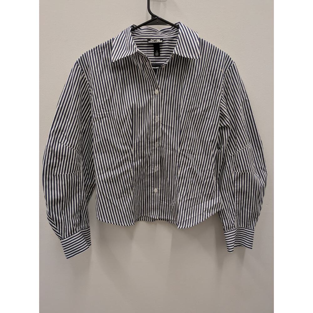 Future Collective Women’s Blue White Striped Button Down Shirt XS Long Sleeve